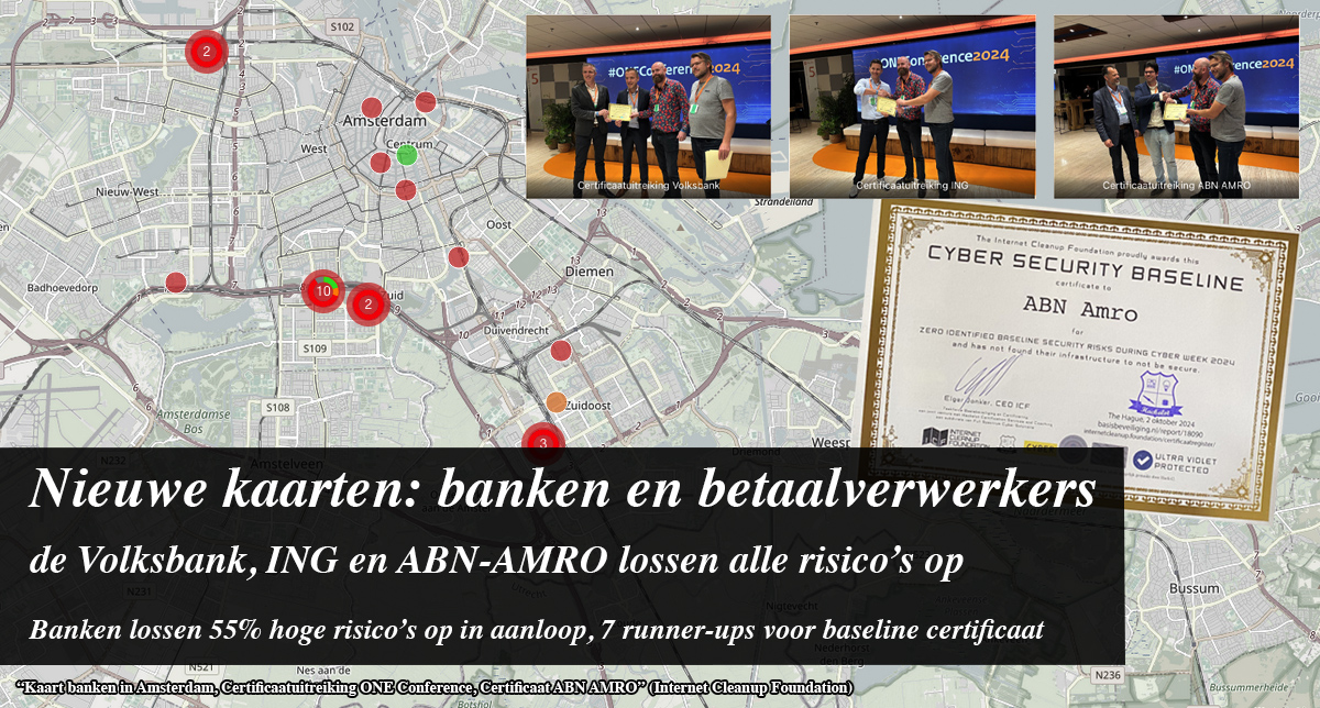 Artikel header met daarop: Nieuwe kaarten: banken en betaalverwerkers de Volksbank, ING en ABN-AMRO lossen alle risico’s op Banken lossen 55% hoge risico’s op in aanloop, 7 runner-ups voor baseline certificaat. Er is een landkaart te zien met daarop de veiligheid van banken in amsterdam. Er zijn drie foto's in de collage verwerkt waarop certificaten worden uitgereikt.