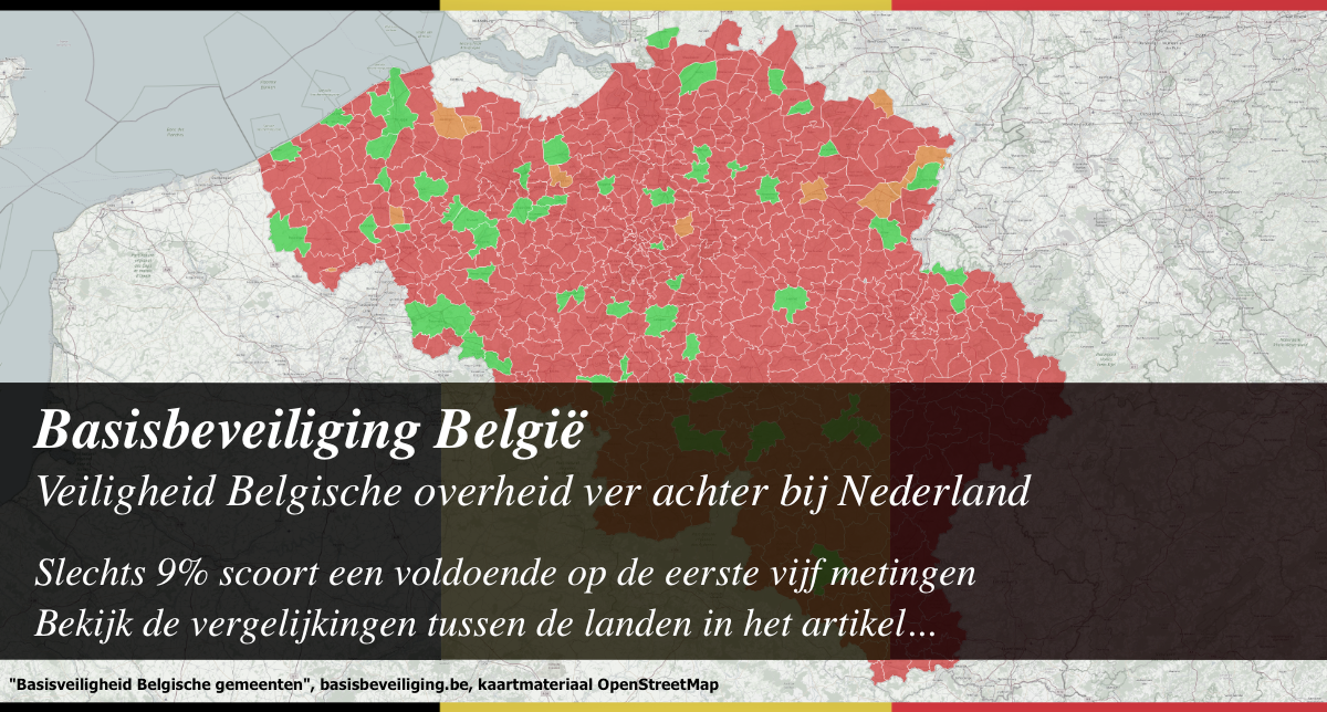 Afbeelding van veiligheid Belgische gemeenten, met de kop "Basisbeveiliging België". Subkop: "Veiligheid Belgische overheid ver achter bij Nederland".